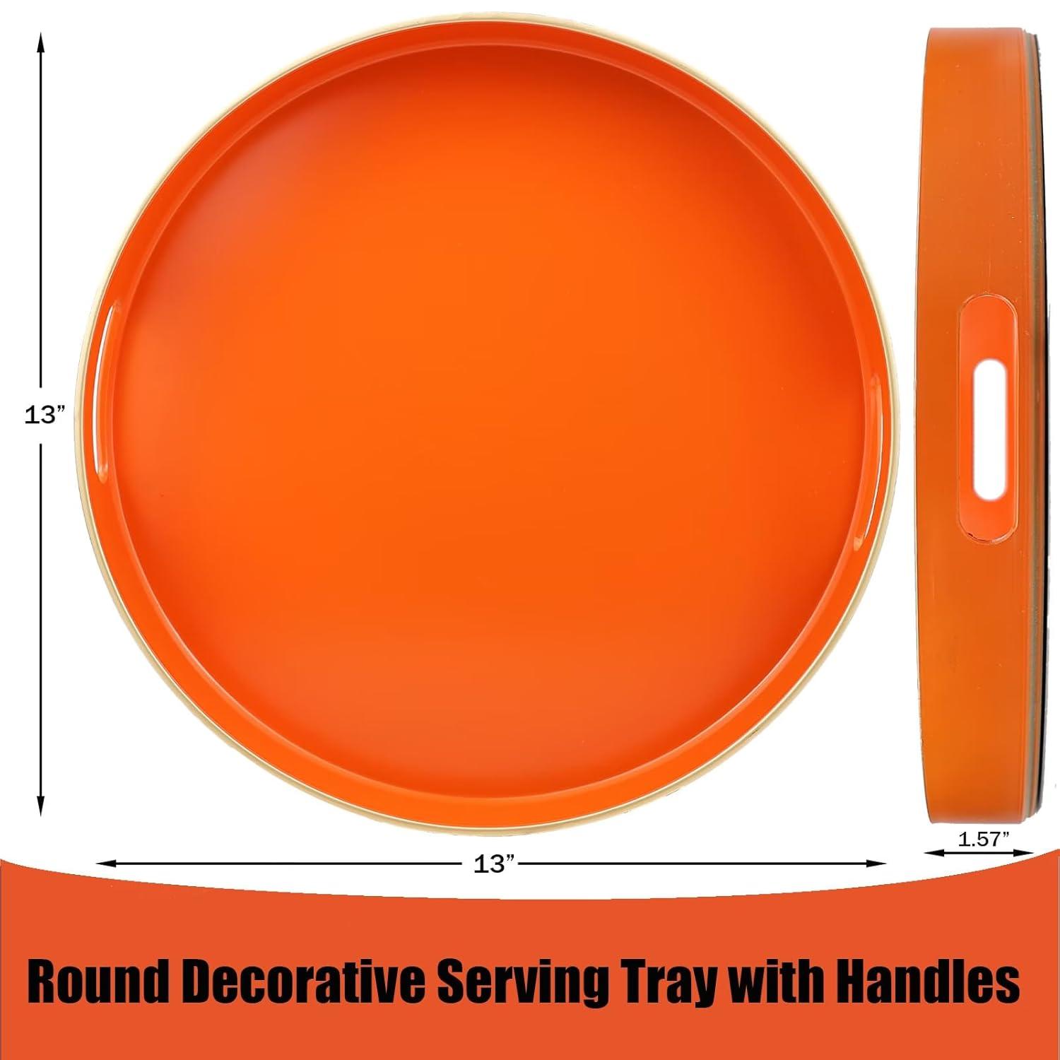 MAONAME 13" Round Tray, Orange Serving Tray with Handles, Modern Decorative Trays for Coffee Table, Plastic Ottoman Trays for Ottoman, Bathroom, Halloween Decor