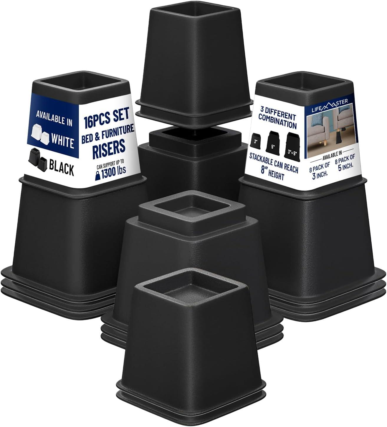 Black Heavy-Duty Adjustable Furniture Leg Risers Set, 16 Pieces