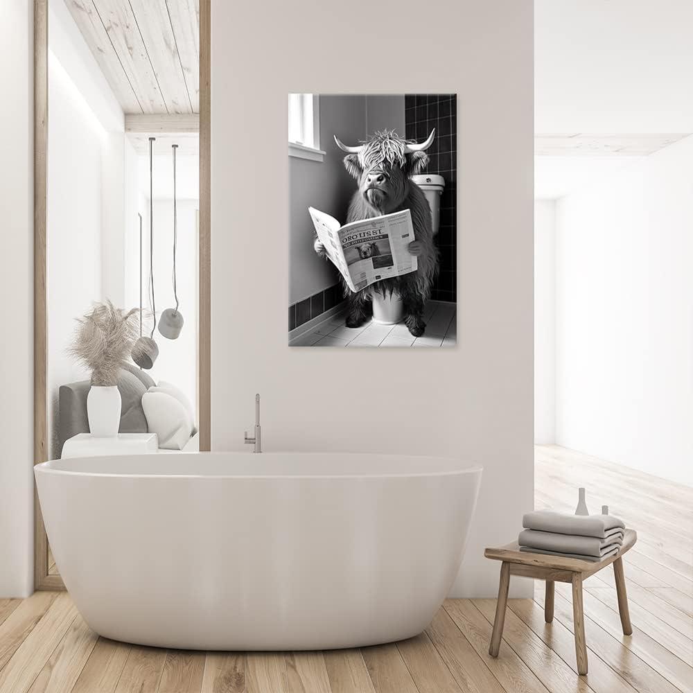 ASPORIC Funny Highland Cow Bathroom Canvas Wall Art Black and White Longhorns In Toilet Aesthetic Poster Vintage Cute Animal Print Painting Modern Farmhouse Wall Decor Unframed 8x10 Inch