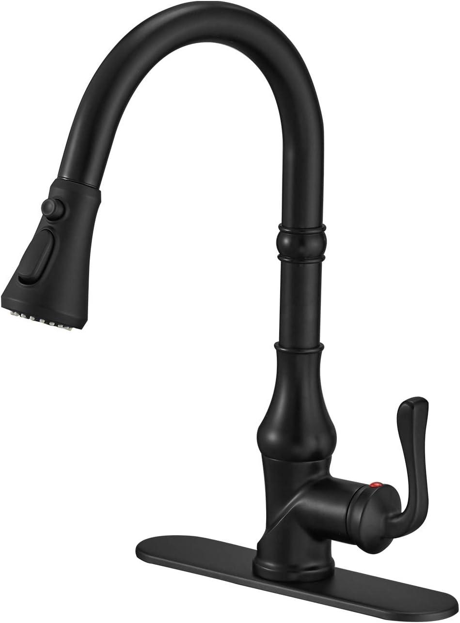 Matte Black Single-Handle Pull-Down Kitchen Faucet with Deck Plate