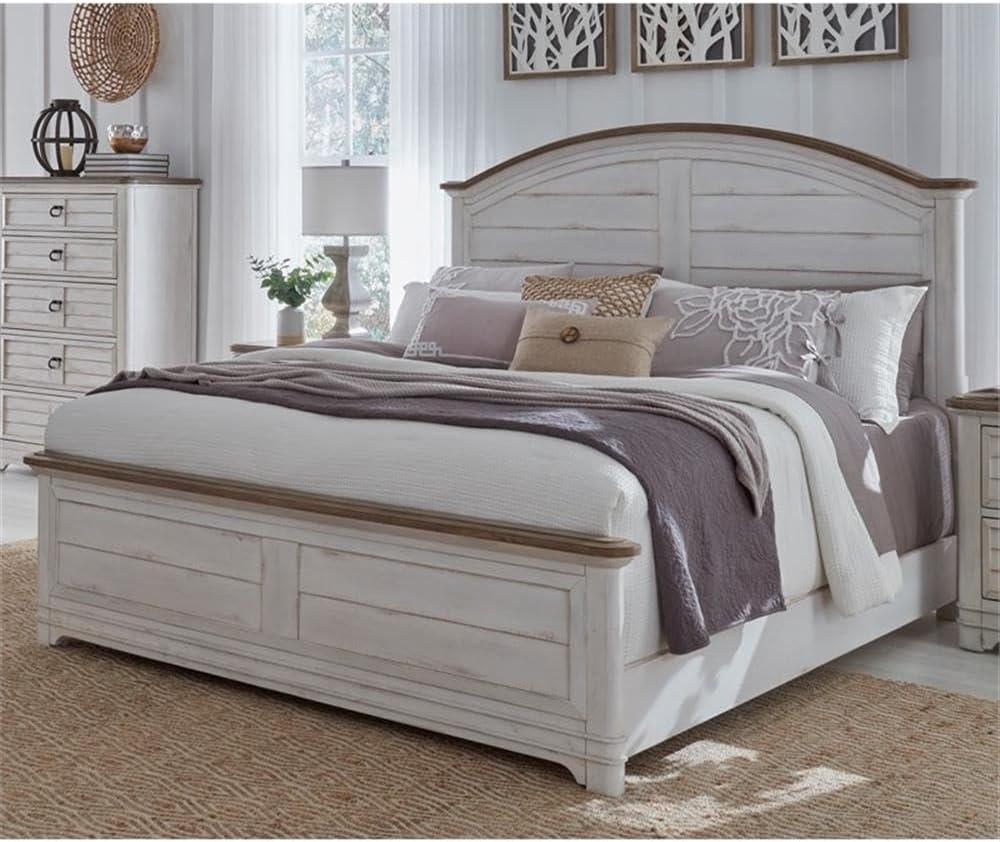 Meadowbrook White-Washed Pine King Panel Bed with Arched Headboard