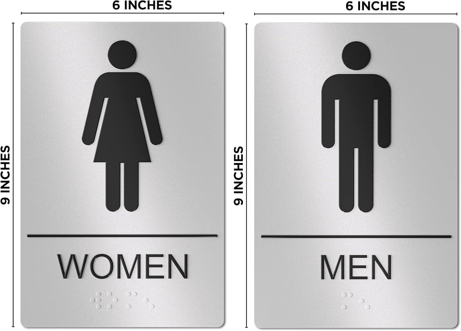 Assured Signs Restroom Sign for Wall | Bathroom Signs | 9 by 6" | Silver Acrylic | ADA Compliant with Braille | Includes Adhesives | Ideal for Office or Home