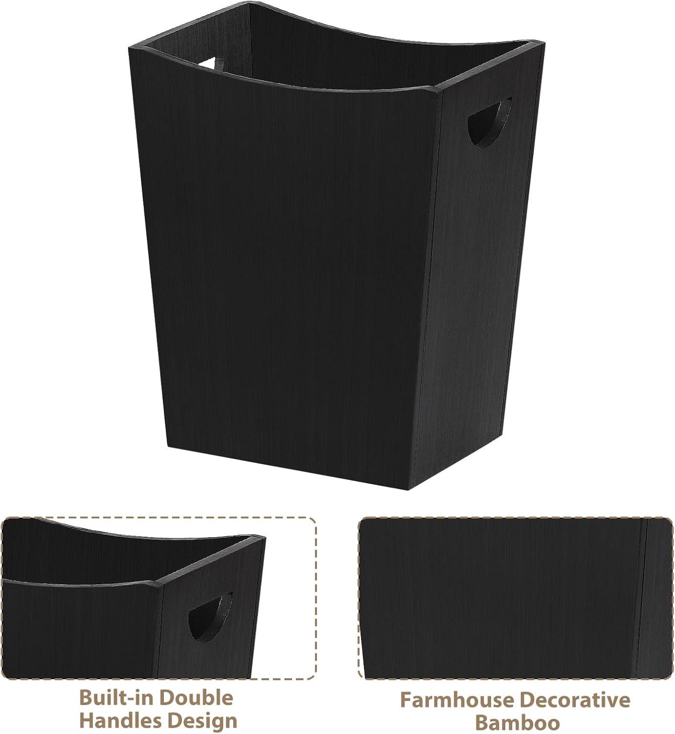SEHERTIWY Wood Trash Can, Farmhouse Wastebasket Bin for Bathroom, Office, Bedroom, Living Room, Small Square Rustic Garbage Container (Wood-Black)