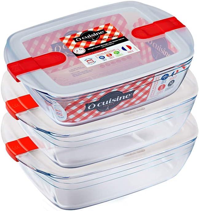 Clear Rectangular Glass Food Storage Containers Set with Red Lids
