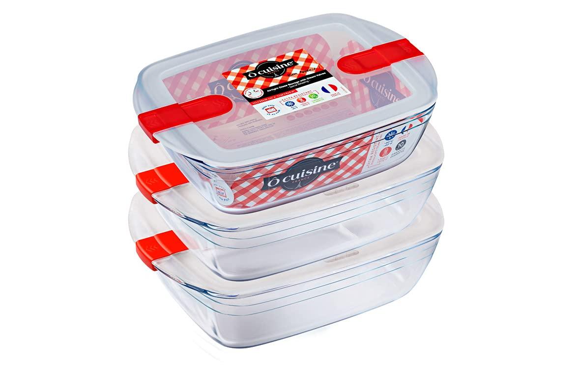 Clear Rectangular Glass Food Storage Containers Set with Red Lids