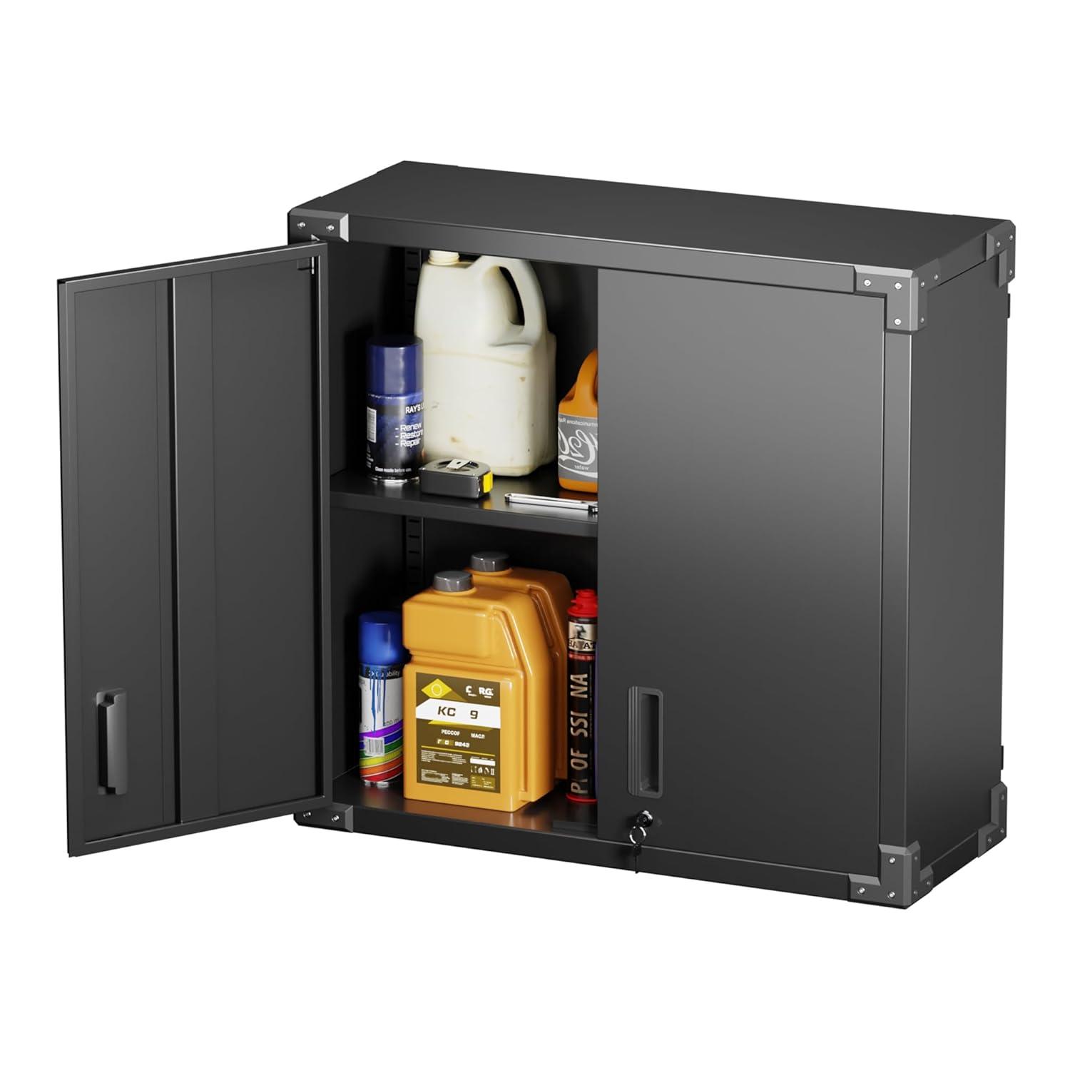 AOBABO Metal Garage Wall Mounted Storage Cabinet with Locking Door, Shelf, and Opened Drawer for Warehouse and Office Organization, Black