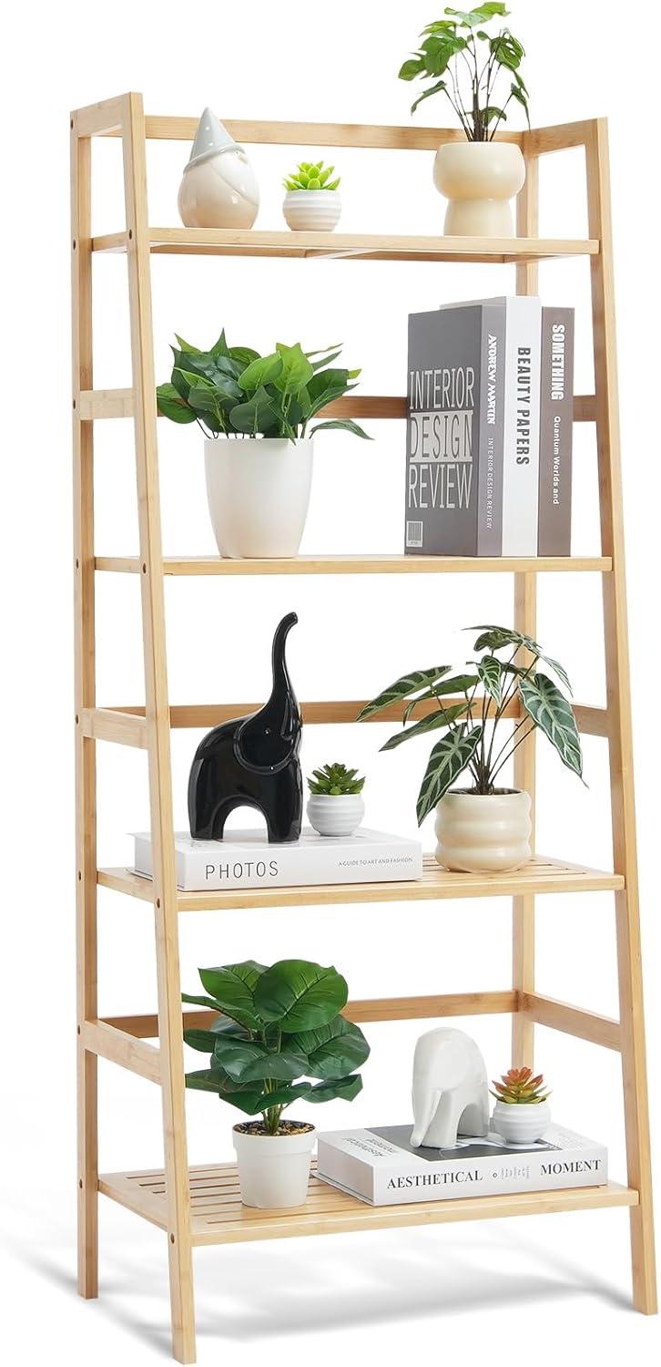 Bamboo Bookshelf 4 Tiers Bamboo Ladder Bookshelf Trapezoid Storage Rack