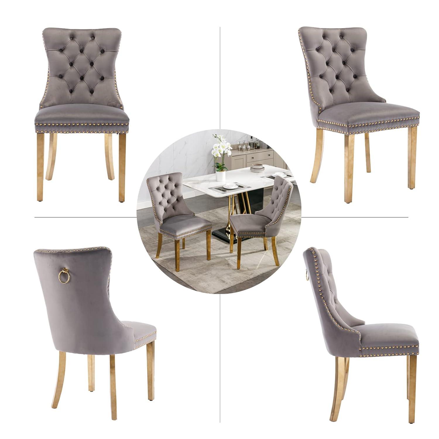 Grey Velvet Dining Chairs Set of 2, Upholstered Dining Room Chairs with Back Ring Pull Trim and Golden Stainless Steel Legs,Modern Kitchen Chairs for Dining Room,Living Room,Kitchen(Grey)