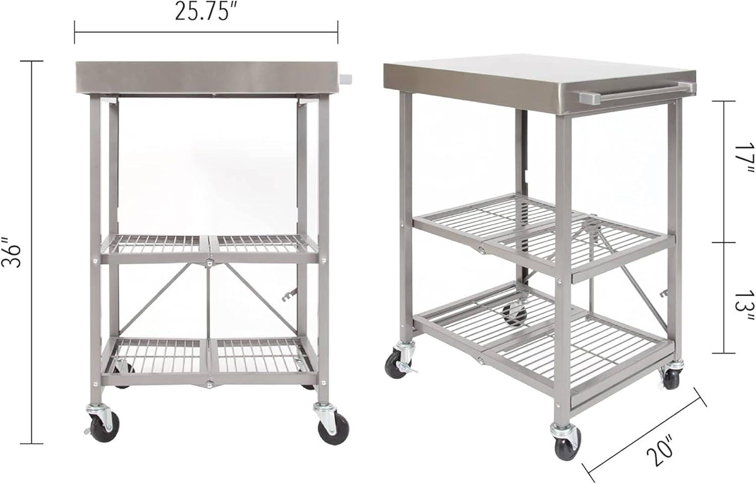 Origami RBT Fully Stainless Steel Foldable Kitchen Cart with 4 Professional Grade Caster Wheels Holds Up To 100 Pounds, Silver