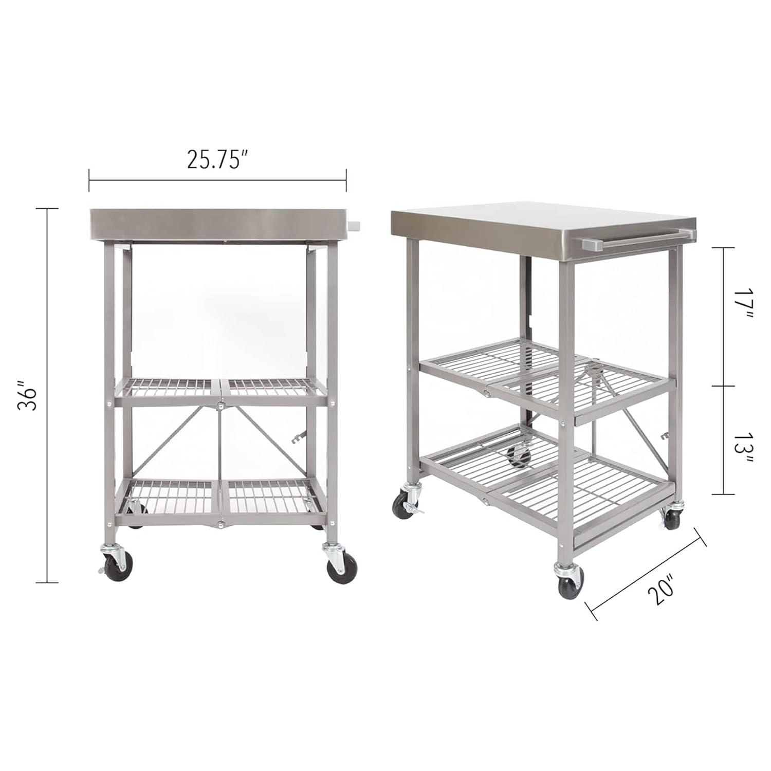 Origami RBT Fully Stainless Steel Foldable Kitchen Cart with 4 Professional Grade Caster Wheels Holds Up To 100 Pounds, Silver
