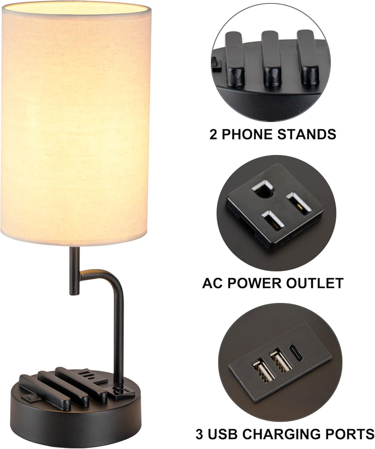 Modern Black Metal Table Lamp with USB Ports and Linen Shade, Pack of 2