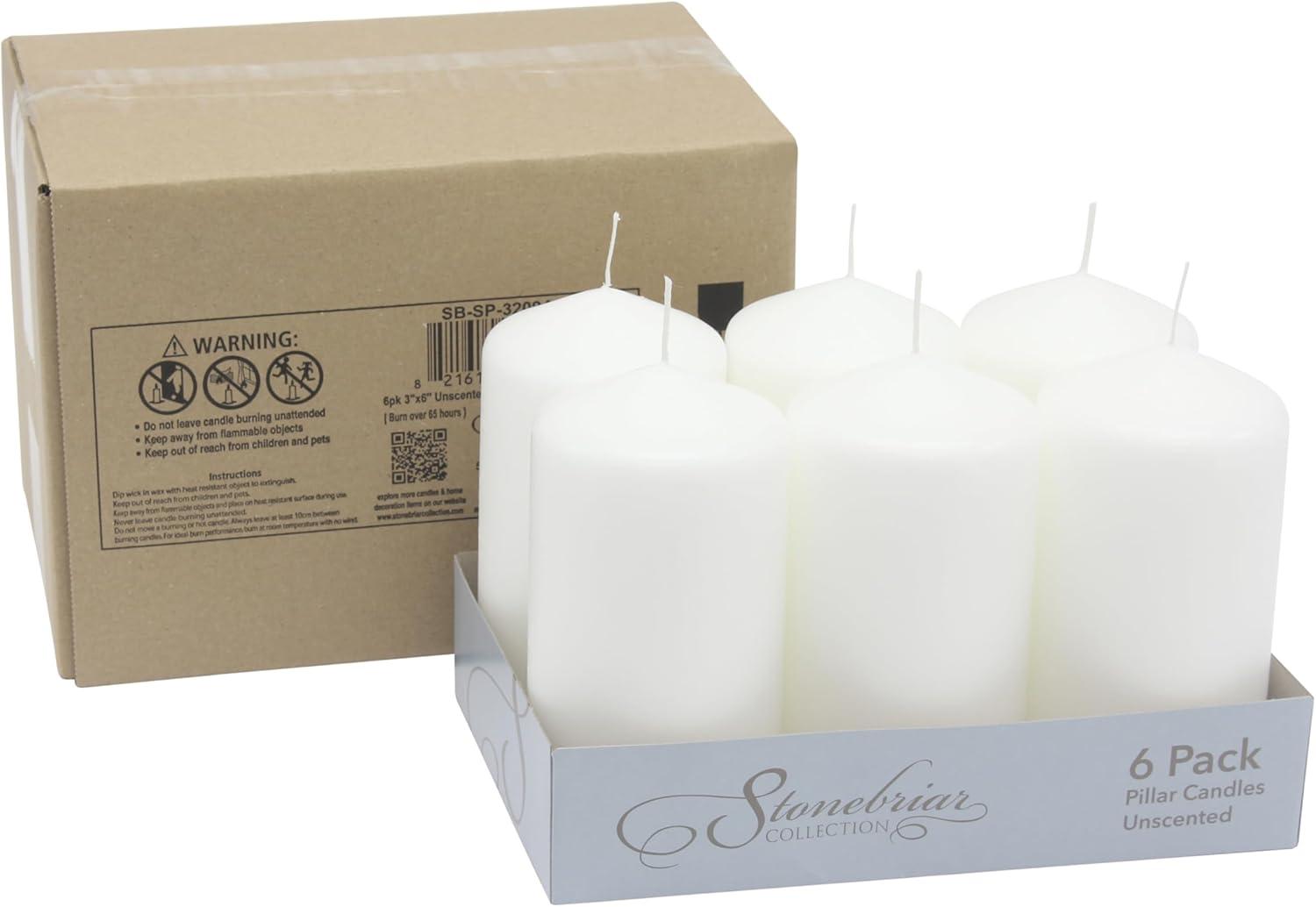 Stonebriar 3" x 6" Unscented 1-Wick White Pillar Candles, 6 Pack