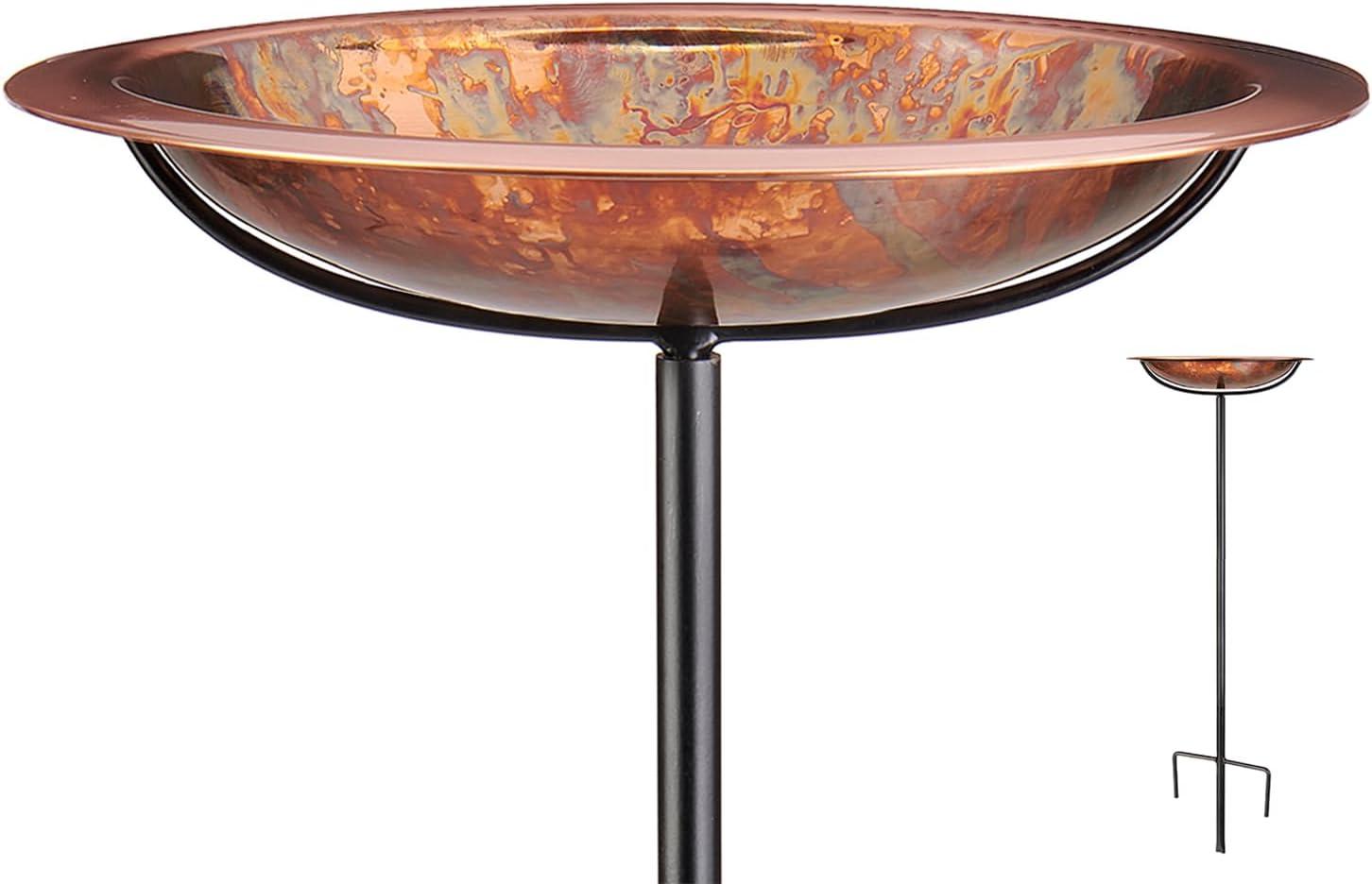 Hand-Applied Fired Copper Bird Bath with Garden Pole