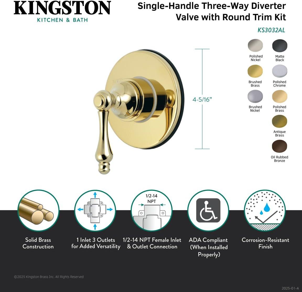 Kingston Brass Single-Handle Wall Mount Three-Way Diverter Valve with Trim Kit