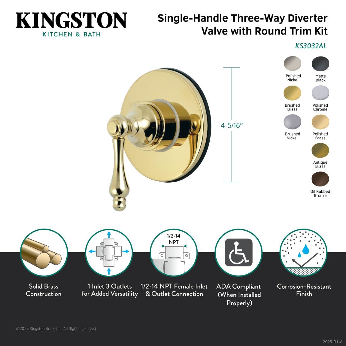 Kingston Brass Single-Handle Wall Mount Three-Way Diverter Valve with Trim Kit