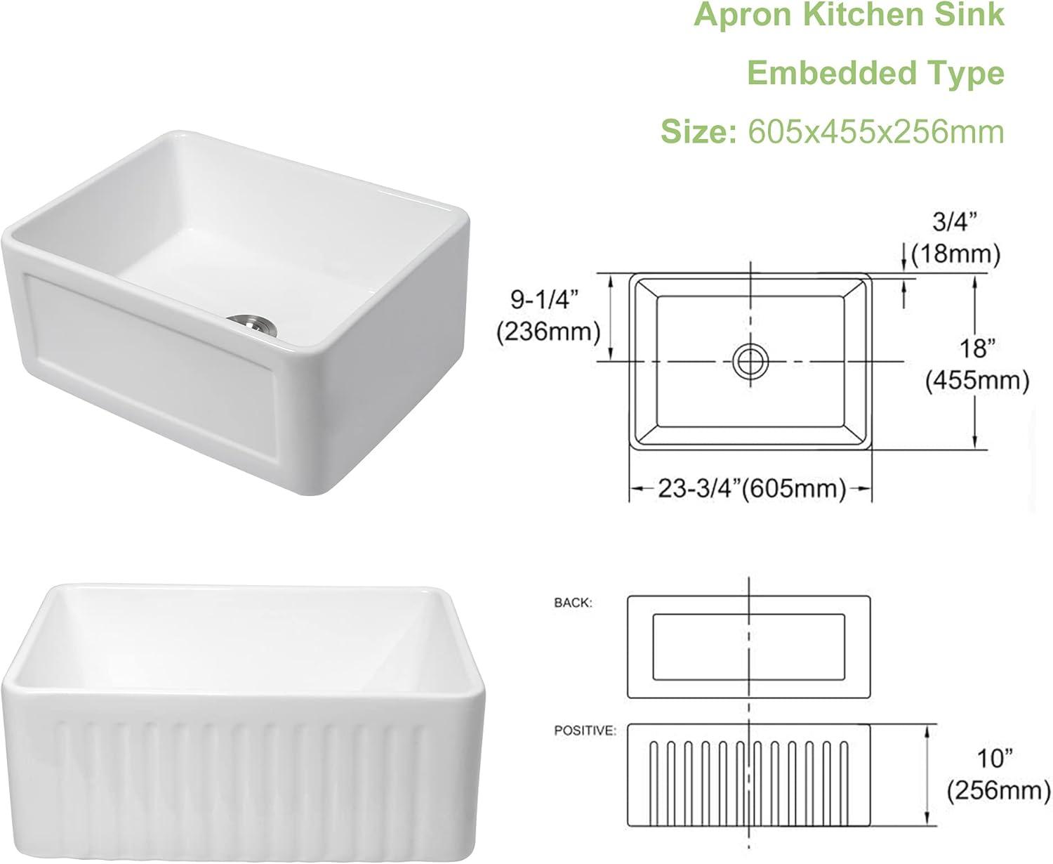 24 Inch White Ceramic Farmhouse Apron Front Sink