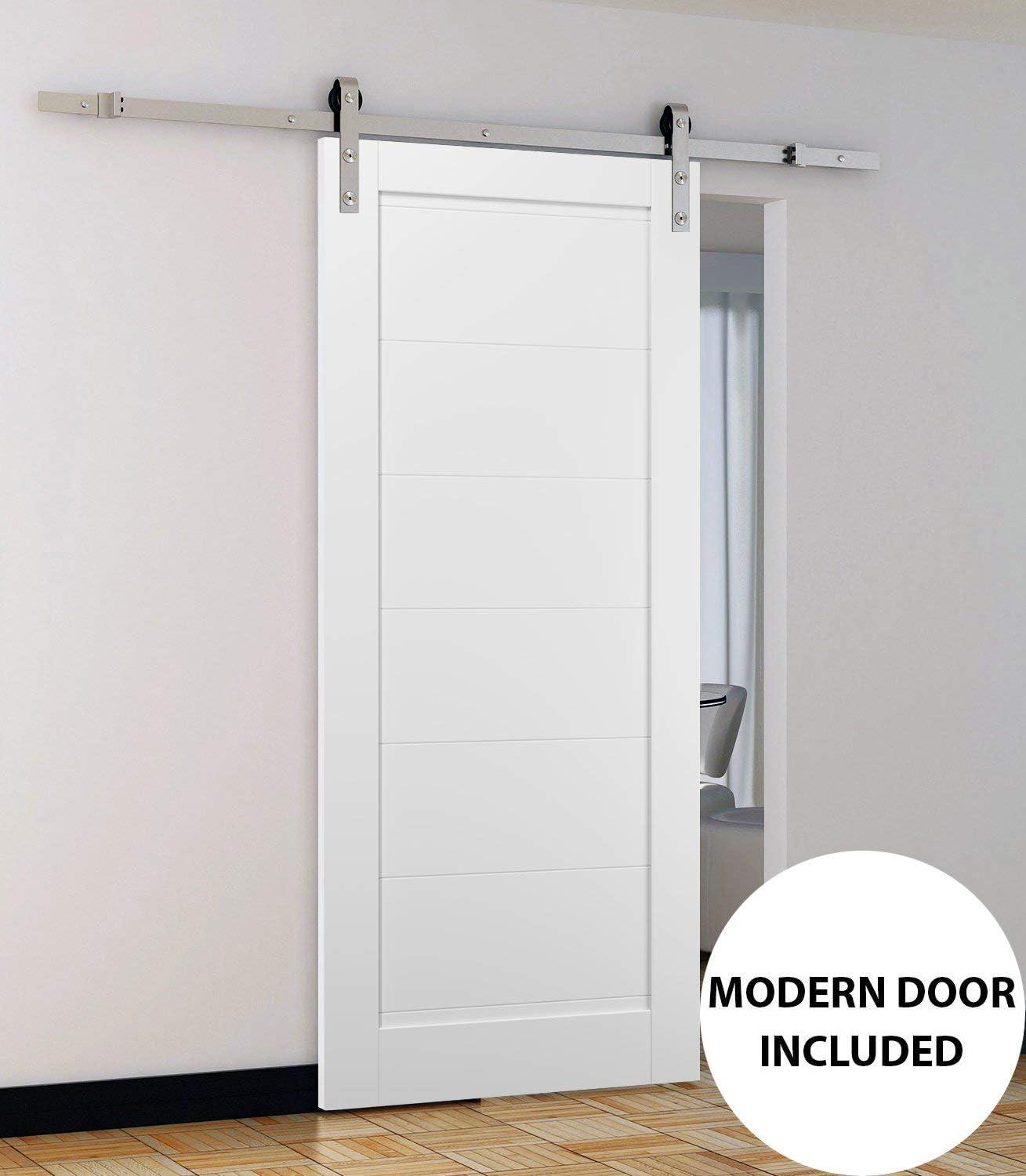 SARTODOORS Quadro Paneled Wood Barn White Door with Installation Hardware Kit