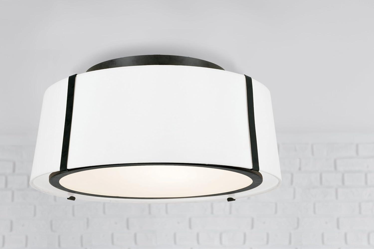 Matte Black Glass Drum Ceiling Light with White Silk Shade