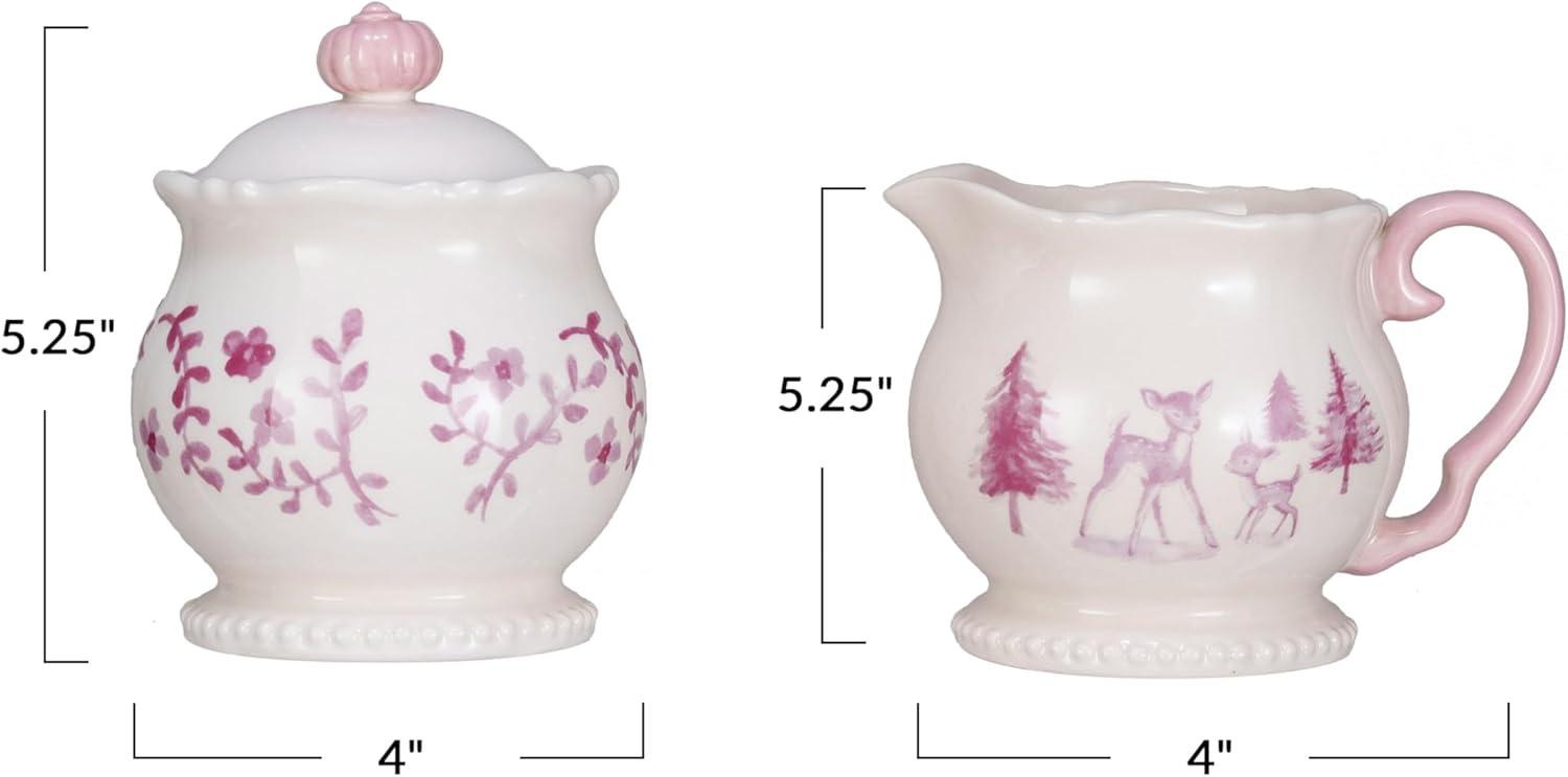 Pink and Cream Stoneware Holiday Creamer and Sugar Pot Set