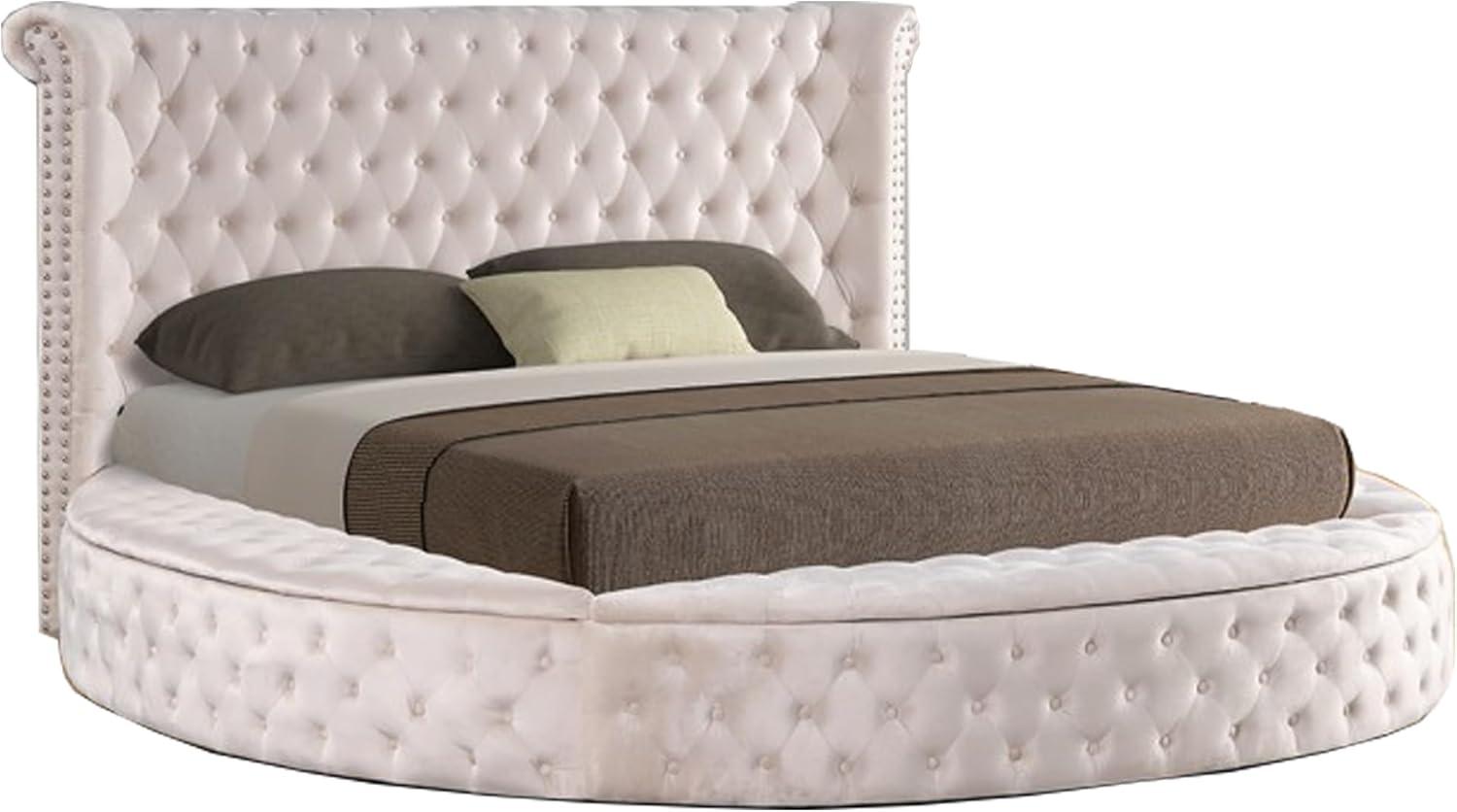 Ivory Velvet Tufted Upholstered King Round Platform Storage Bed