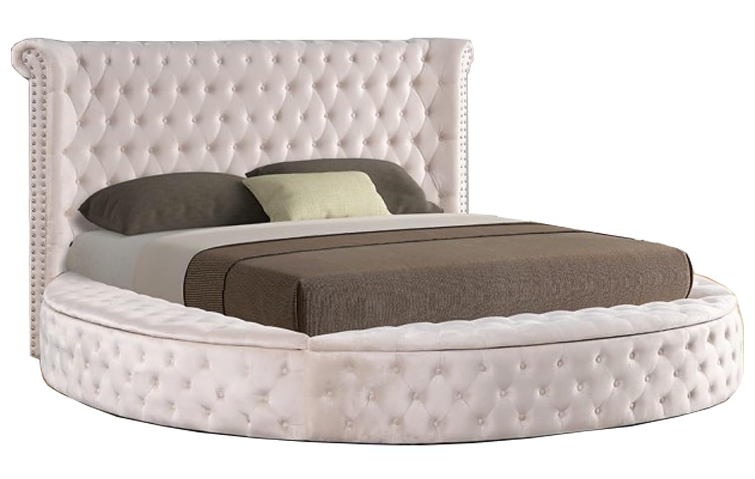 Ivory Velvet Tufted Upholstered King Round Platform Storage Bed