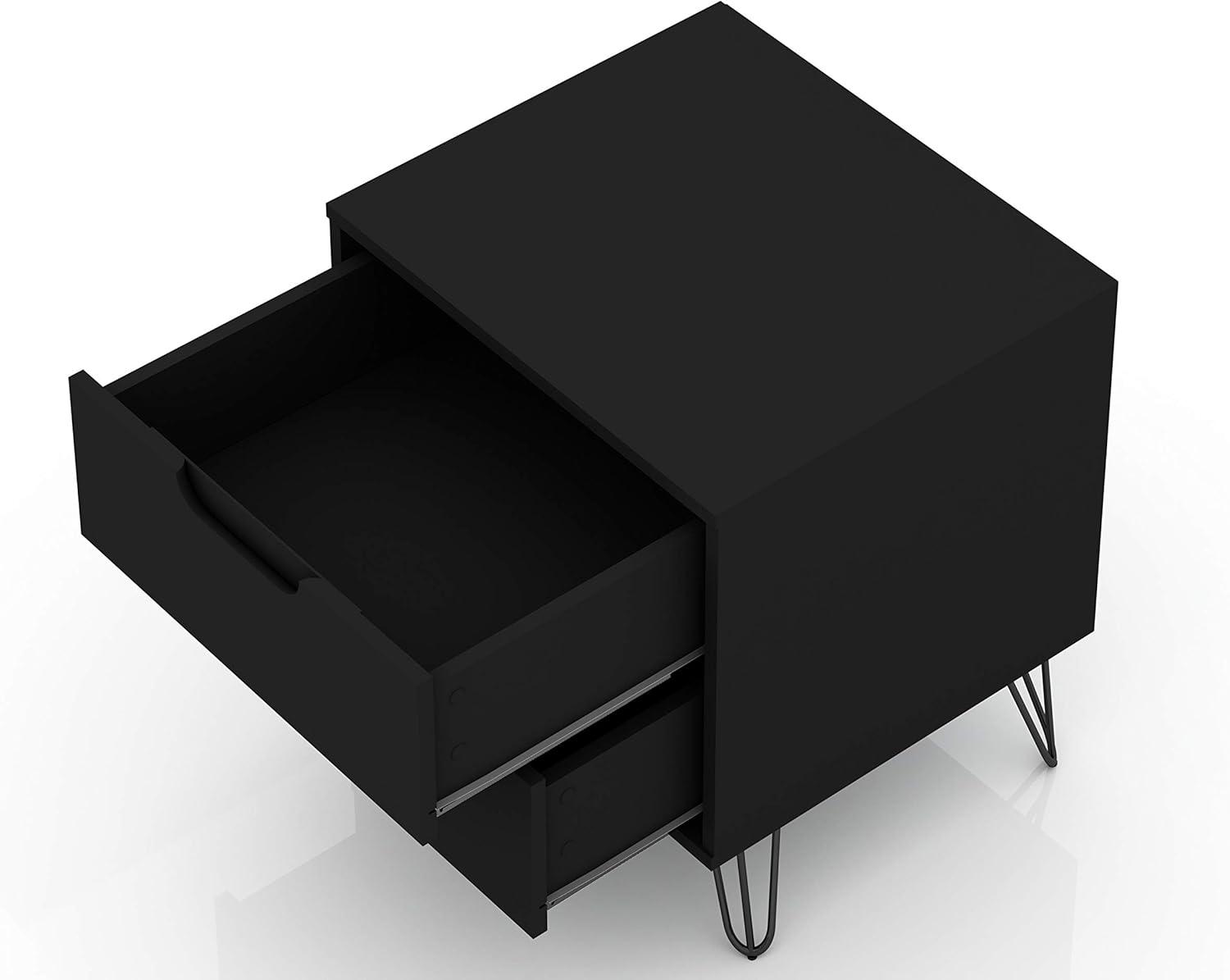 2.0 Rockefeller Nightstand Black - Manhattan Comfort: Modern Bedside Table with Metal Legs & Storage