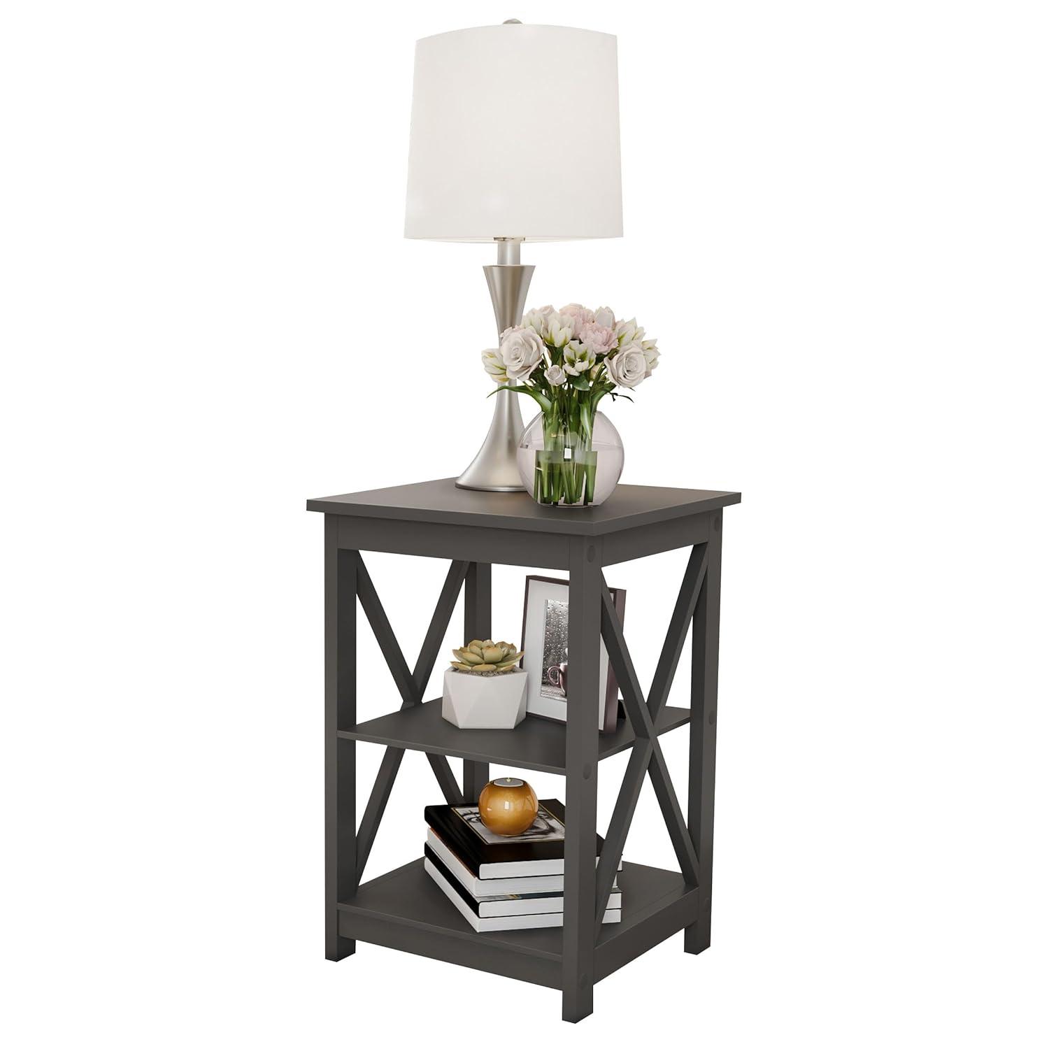 Queribus Side Tables with Two Shelves – 2 Piece Contemporary Nightstands with X-Legs – Wooden End Table Pair for Living Room or Bedroom