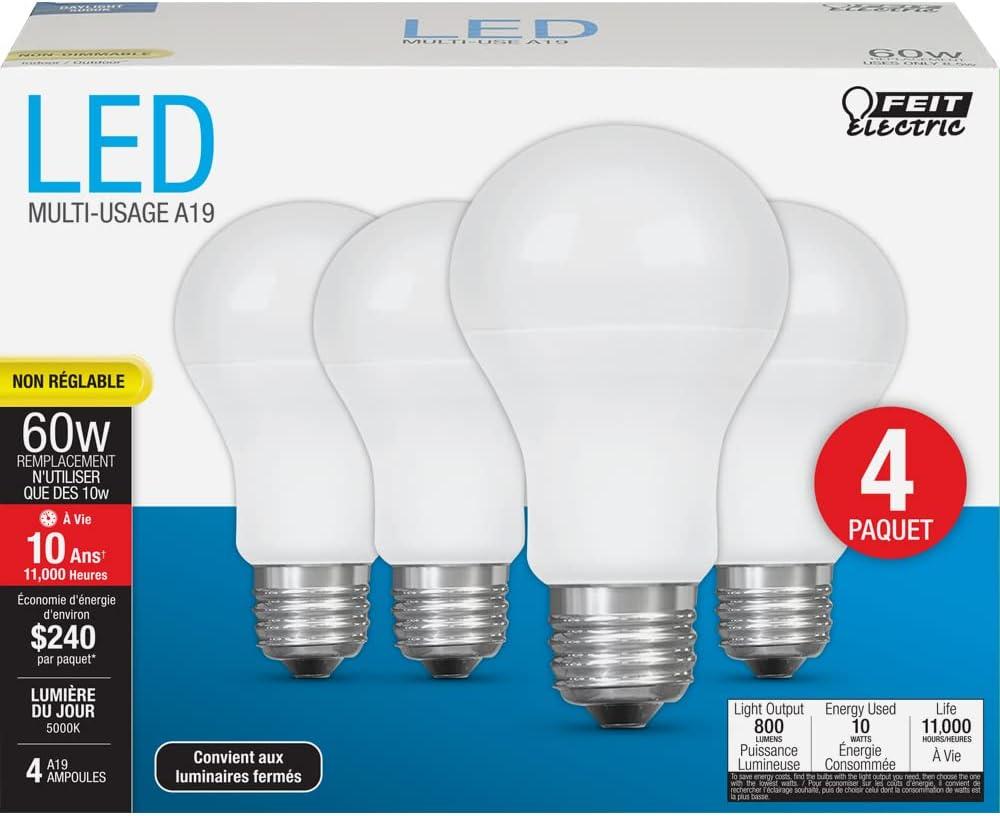 Feit Electric A19 E26 (Medium) LED Bulb Daylight 60 Watt Equivalence 4 pk