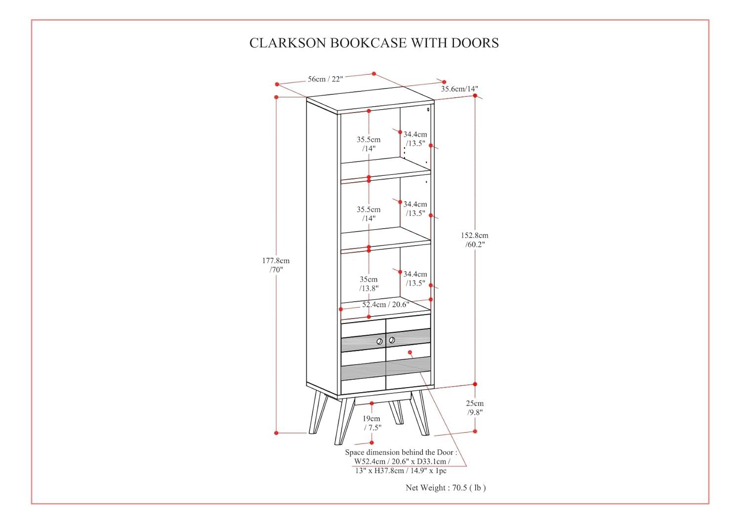 Simpli Home 22"W Solid Acacia 3 Shelf Contemporary Bookcase with Hidden Storage and Adjustable Shelves
