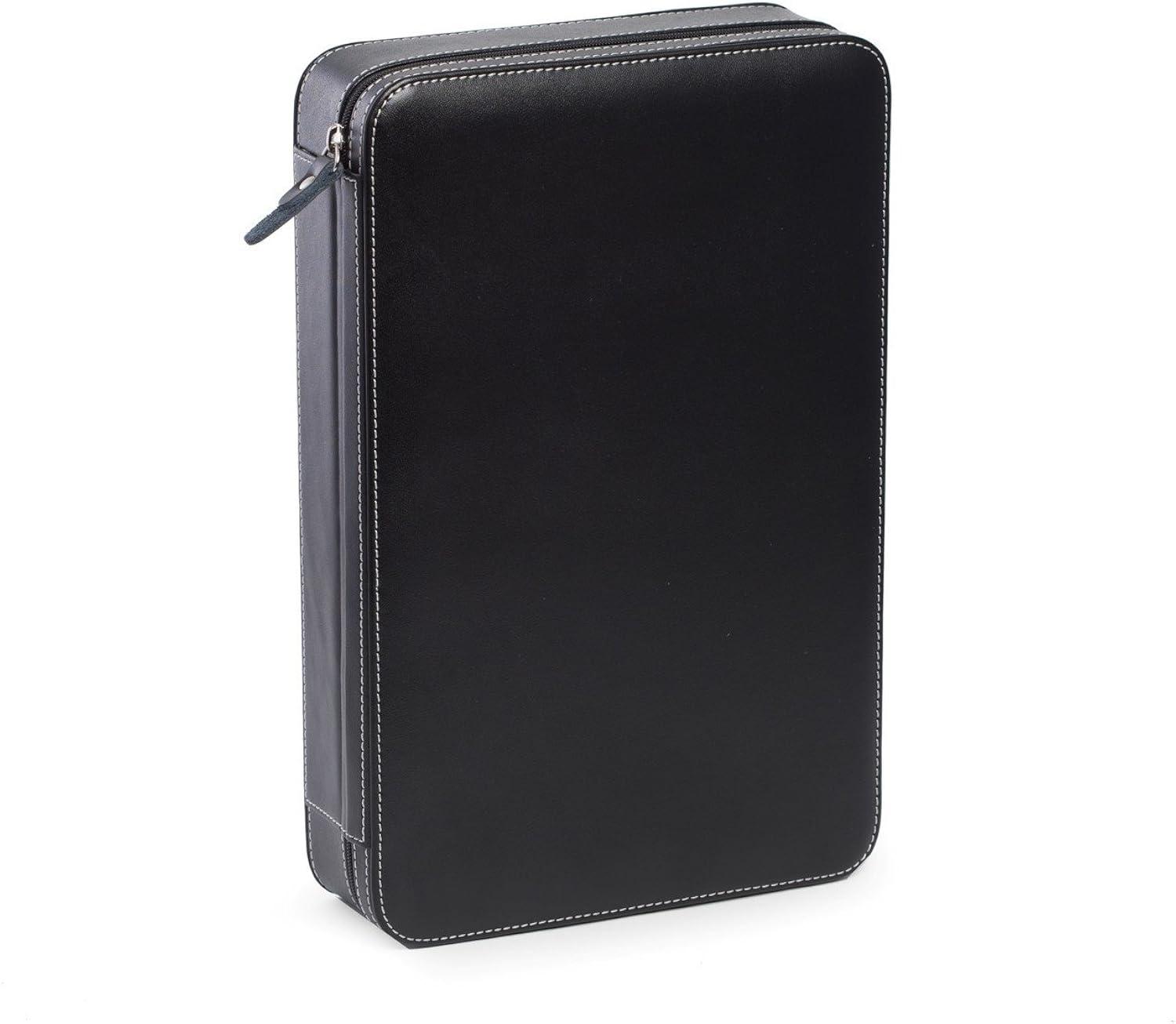 Black Leather Two Watch and Two Sunglass Travel Case with Form Fit Compartments with Zipper Closure.