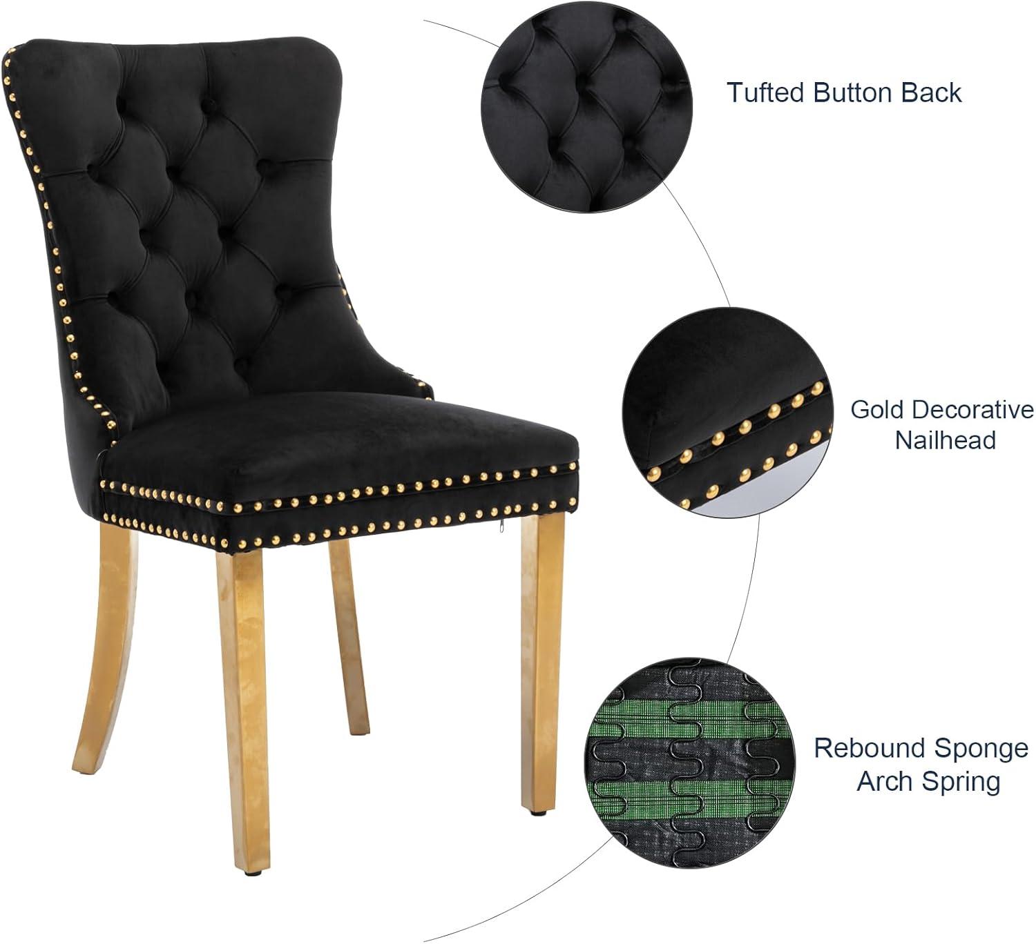 ODUSE-DAILY Black Velvet Dining Chairs Set of 4, Kitchen & Dining Room Chairs, Nailheads Tufted, Sillas De Comedor, Fabric Upholstered, Golden Metal Legs (Black, 4 Pcs)