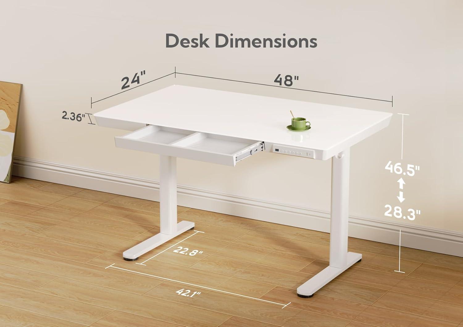 White Glass Adjustable Standing Desk with Drawer and USB Ports