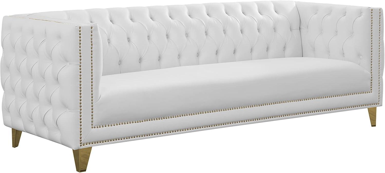 Michelle 90'' White Faux Leather Tufted Sofa with Gold Nailhead Trim