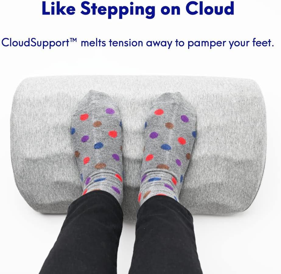 Cushion Lab Ergonomic Foot Rest for Under Desk – Patented Massage Ridge Design Memory Foam Foot Stool Pillow for Work, Home, Gaming, Computer, Office Chair – For Back & Hip Pain Relief - Light Grey