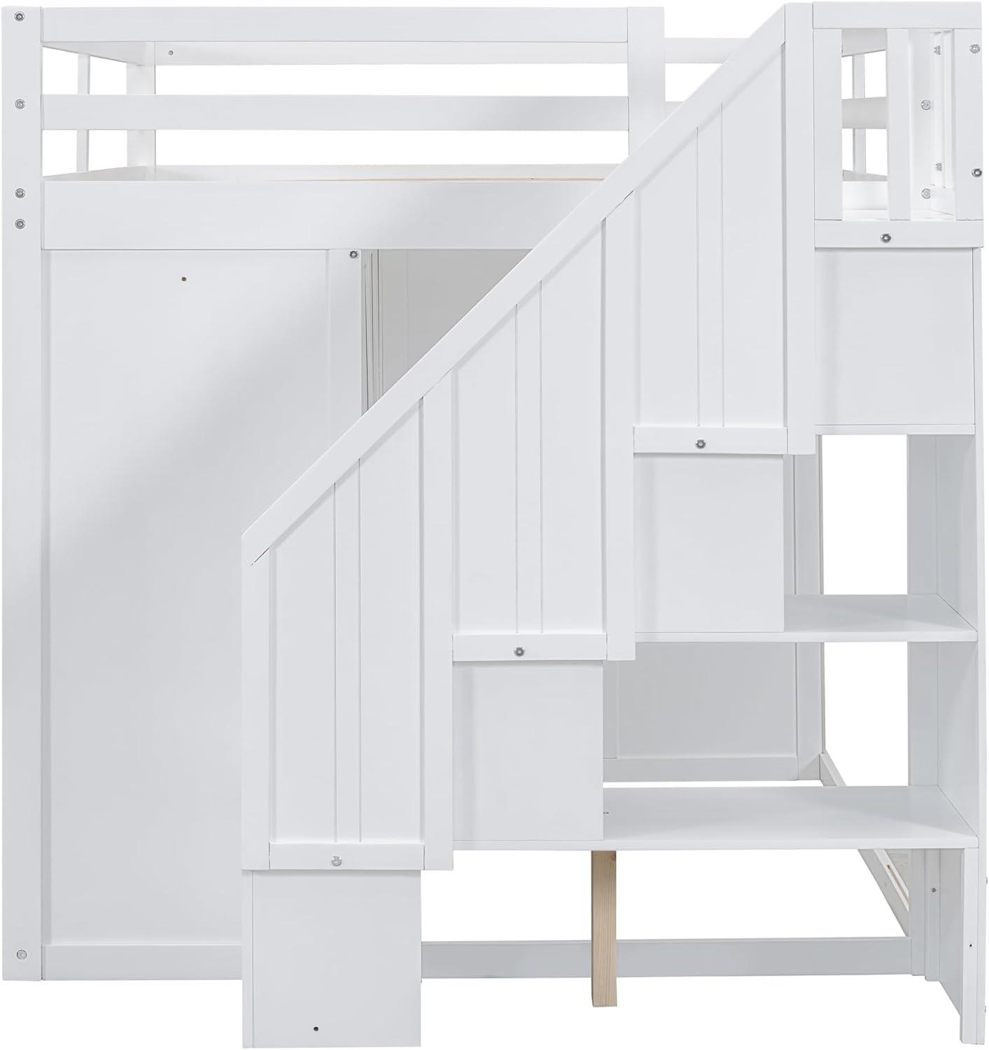 Harper & Bright Designs Full Size Loft Bed with Stairs and Wardrobes, Solid Wood Loft Bed Frame with Storage Cabinets and Drawers for Kids Teens Adults, Weight Capacity: 600LBS, White