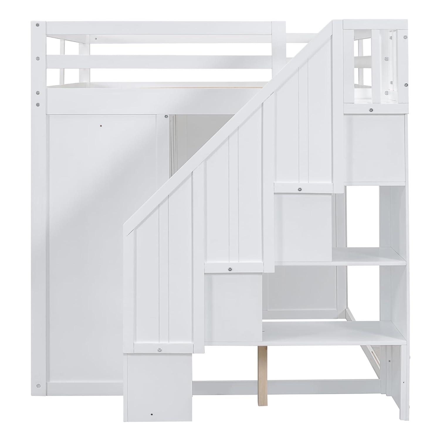Harper & Bright Designs Full Size Loft Bed with Stairs and Wardrobes, Solid Wood Loft Bed Frame with Storage Cabinets and Drawers for Kids Teens Adults, Weight Capacity: 600LBS, White