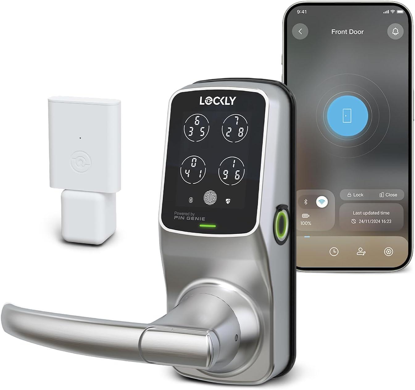 Lockly Secure Plus Bluetooth Smart Door Lock, Keyless Entry with PIN Genie® Digital Keypad, 3D Biometric Fingerprint Sensor Front Door Lock with Handle, Voice Control & Auto Lock - Latch Edition
