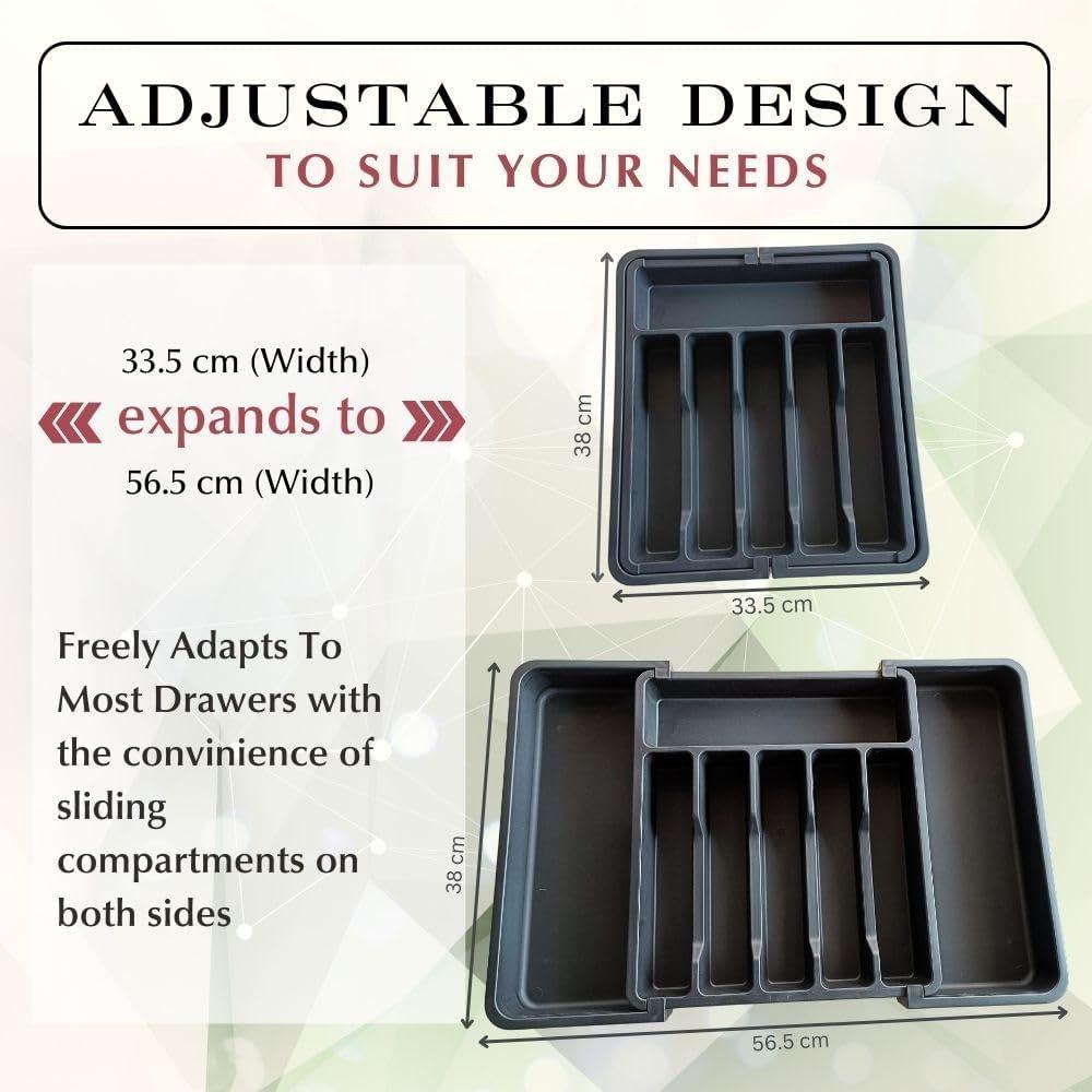 Silverware Drawer Organizer,  Black Expandable Utensil Tray for Kitchen, BPA Free Flatware and Cutlery Holder, Adjustable Plastic Storage for Spoons Forks Knives, Large