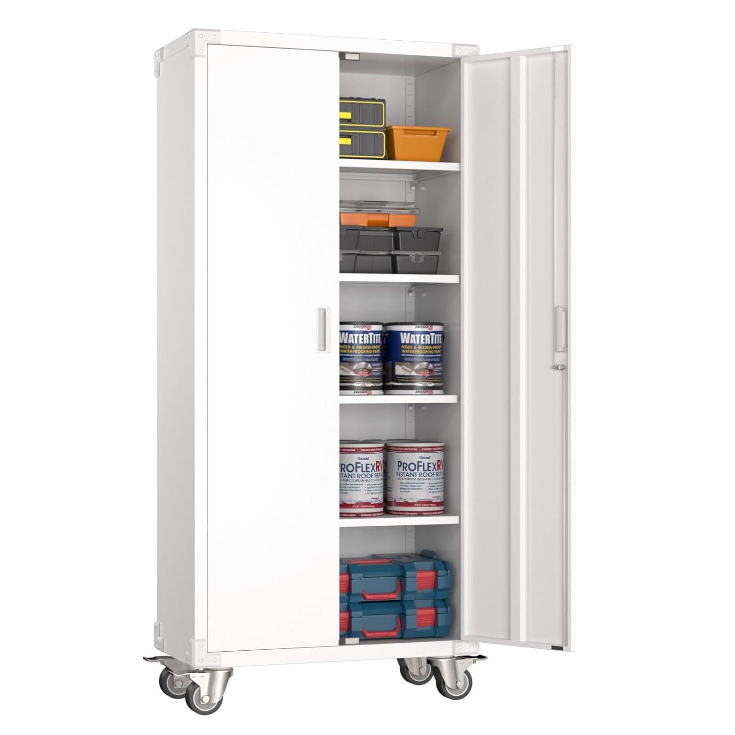 AOBABO 72 Inch Locking Metal Garage Home Office Storage Cabinet with Universal Rubber Wheels/Lockable Casters and Magnetic Doors, White