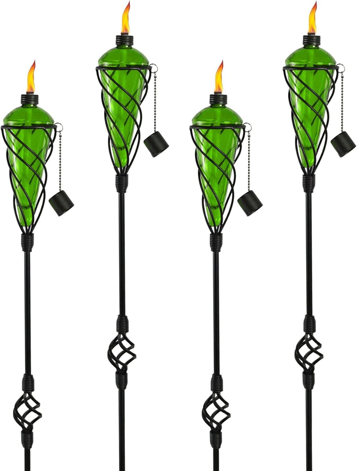 Green Glass and Metal 60" Garden Torch Lights, Set of 4