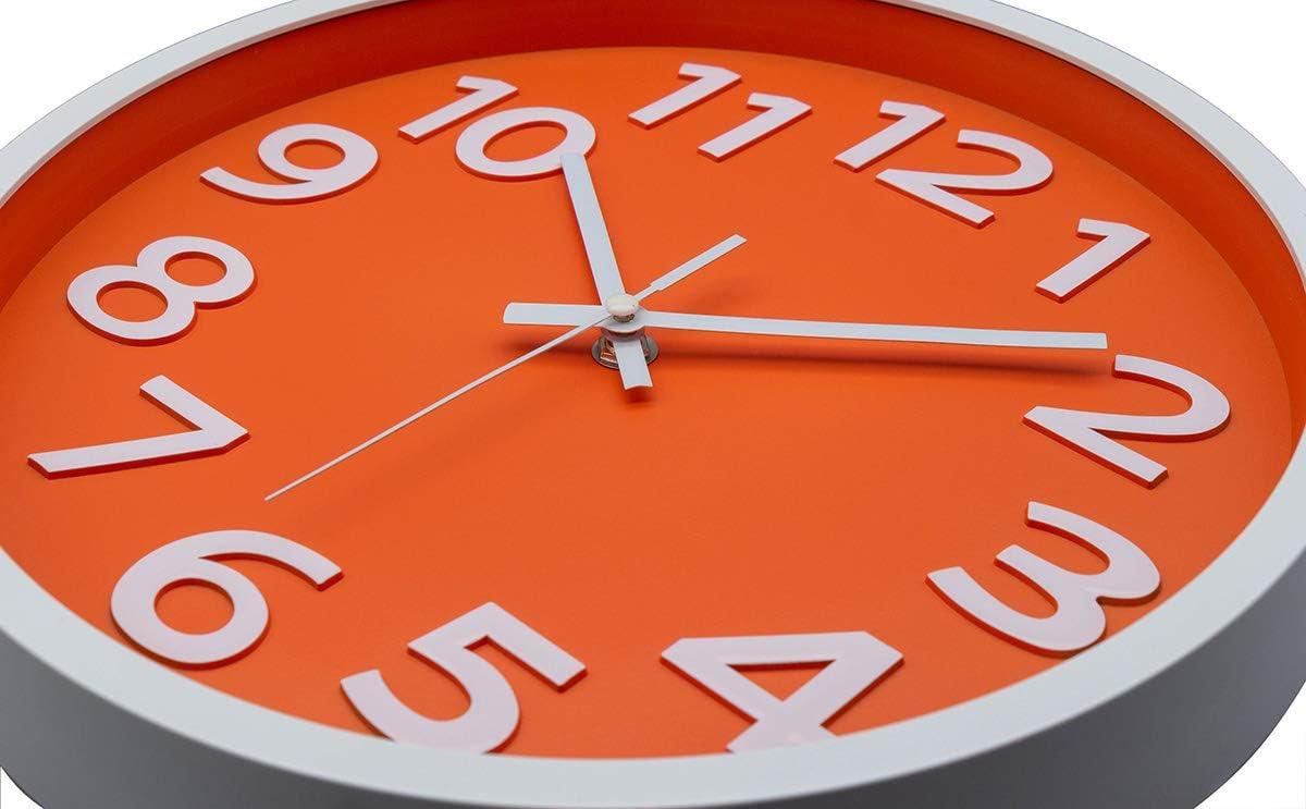 12-Inch Orange Modern Silent Analog Wall Clock with 3D Numbers