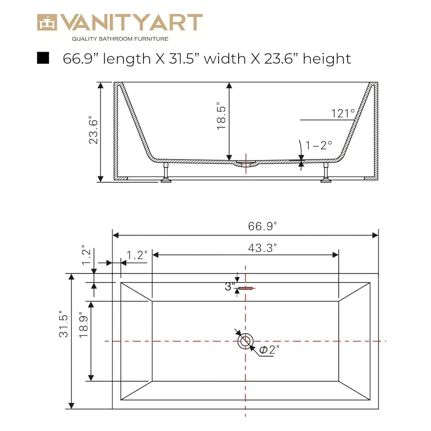 Vanity Art 67" Acrylic Freestanding Soaking Bathtub with Overflow and Pop-up Drain