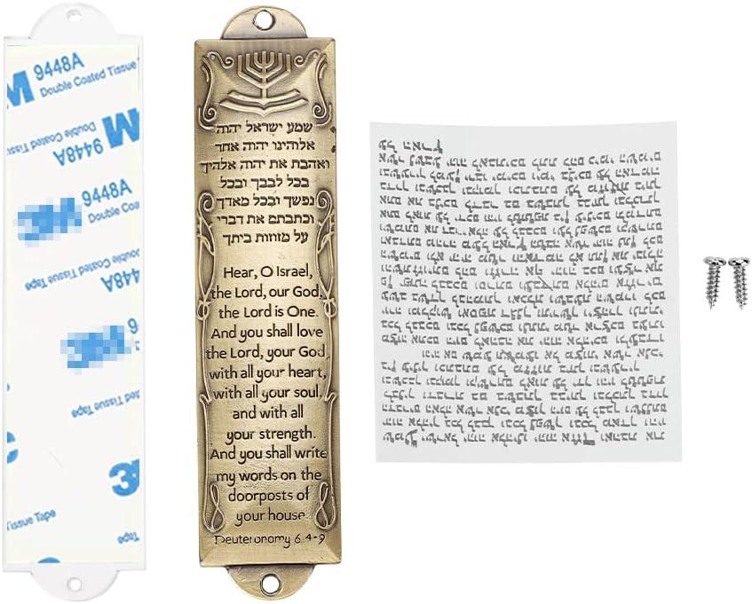 BRTAGG Metal Mezuzah for Door, Install Use Double-Sided Tape, 5.3" Tall, English & Hebrew Scripture, Bronze, Easy Peel and Stick Mezuzahs Cover Jewish Gifts (for 4 Inches Scroll)
