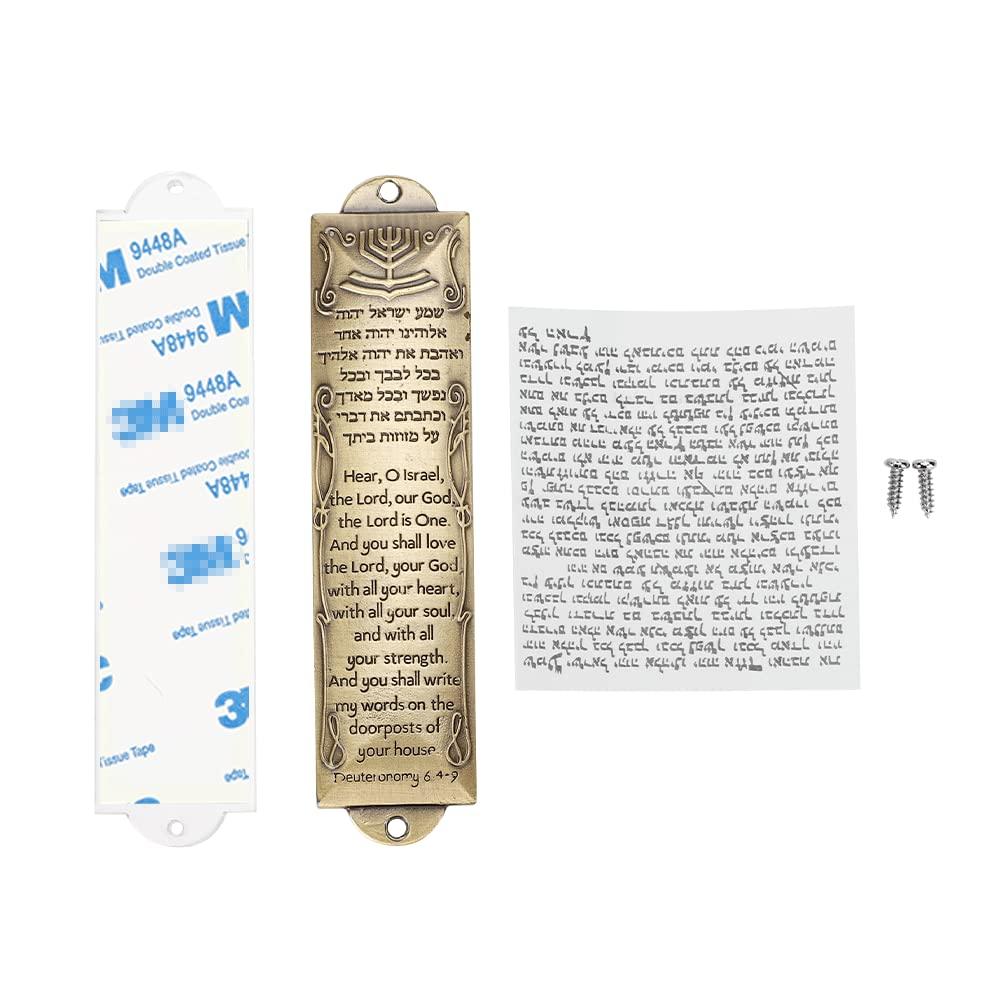BRTAGG Metal Mezuzah for Door, Install Use Double-Sided Tape, 5.3" Tall, English & Hebrew Scripture, Bronze, Easy Peel and Stick Mezuzahs Cover Jewish Gifts (for 4 Inches Scroll)