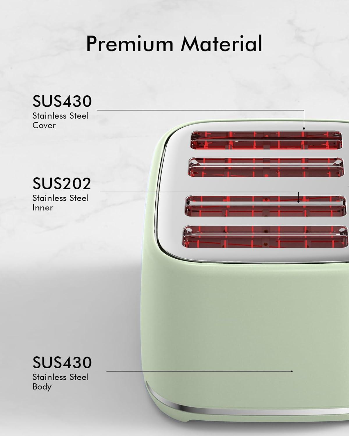 LONGDEEM 4 Slice Toaster, Extra Wide Slots, Longdeem Retro Stainless Steel Toasters, 6 Browning Options, Auto Shut Off & Frozen Function, Toast Fruit Bread, Bagel & Waffle