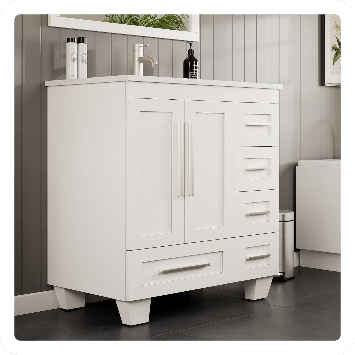 Eviva Loon 30" Long Handles Transitional White Bathroom Vanity with White Carrara Quartz Countertop