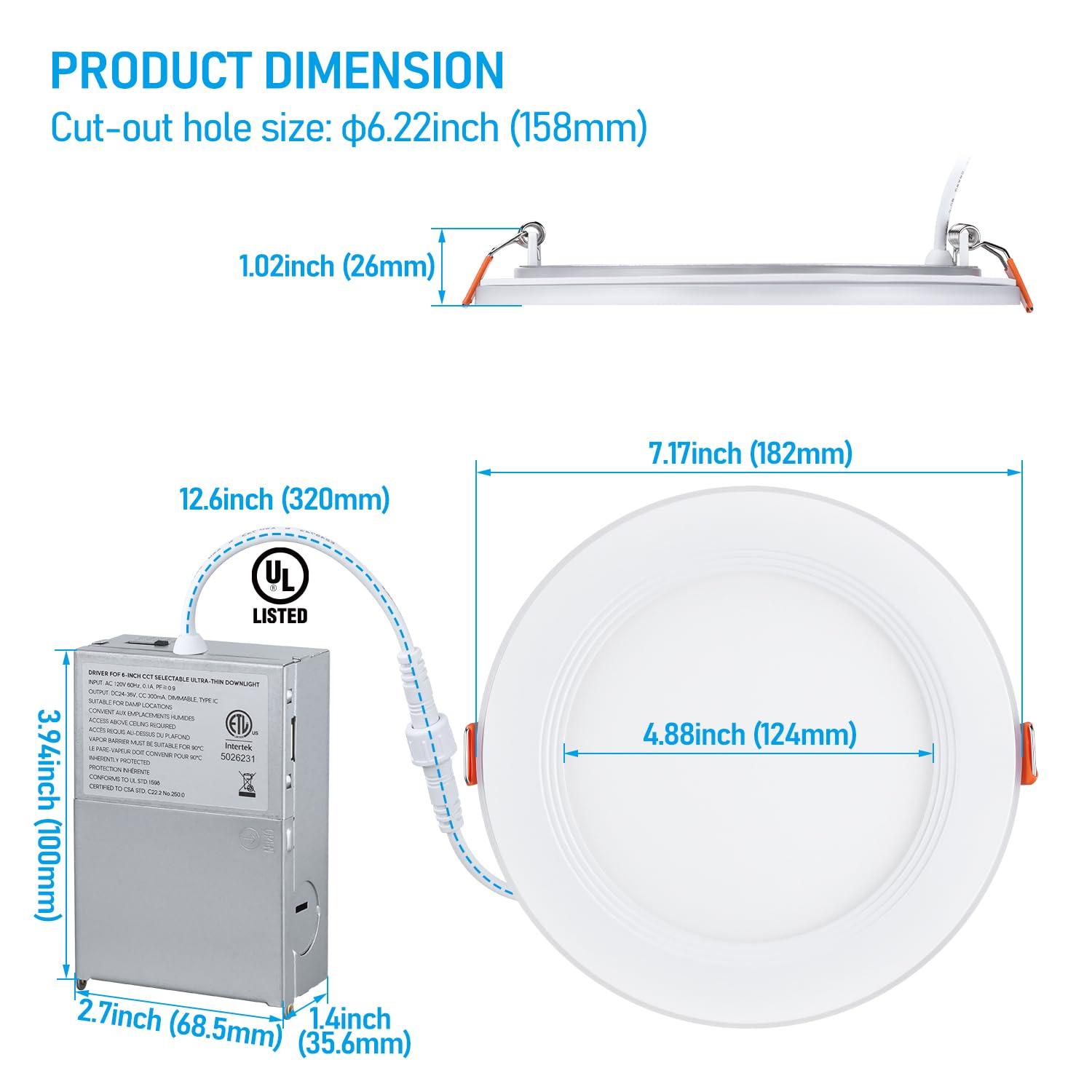 TORCHSTAR 12-Pack 5CCT 6 Inch Ultra-Thin LED Recessed Lighting with Junction Box, CRI90, Aluminum, 2700K3000K3500K4000K5000K, 5%-100% Dimmable Slim Recessed Downlight, 12W 1000LM, ETL & ES
