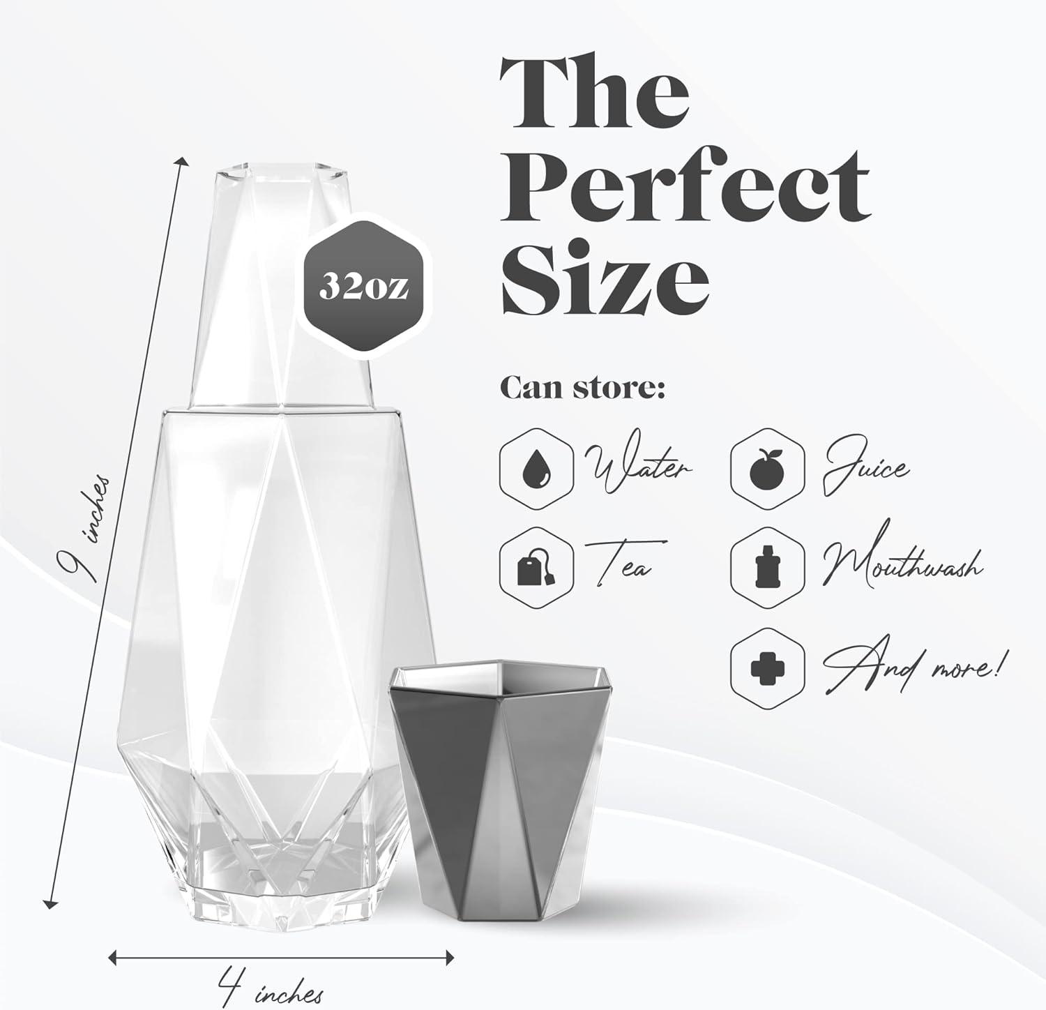 Fifth Avenue Crystal Geometric Bedside Night Water Carafe and Tumbler Lid, 2-Piece,Silver