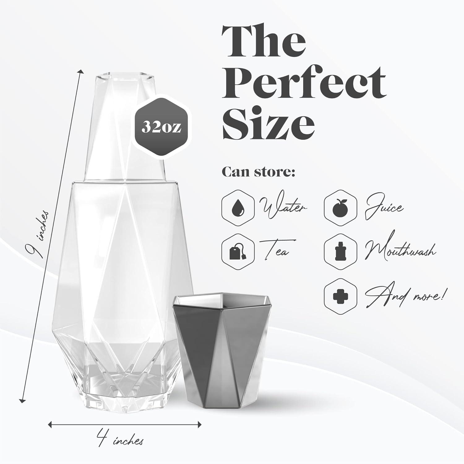 Fifth Avenue Crystal Geometric Bedside Night Water Carafe and Tumbler Lid, 2-Piece,Silver