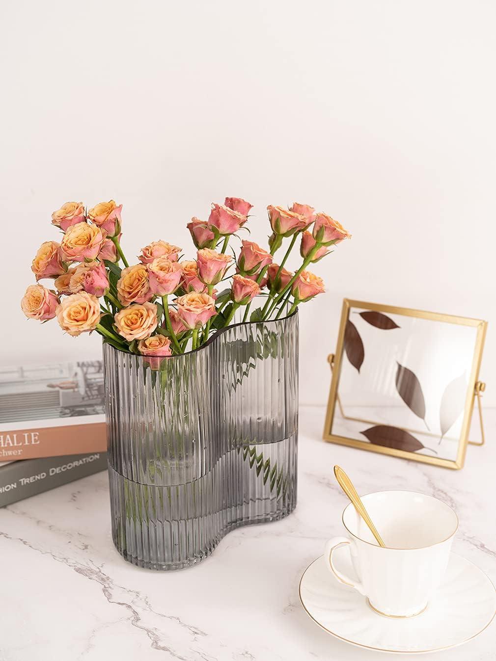 Gray Ribbed Glass Footprint Vase for Flowers, 8.3 Inch